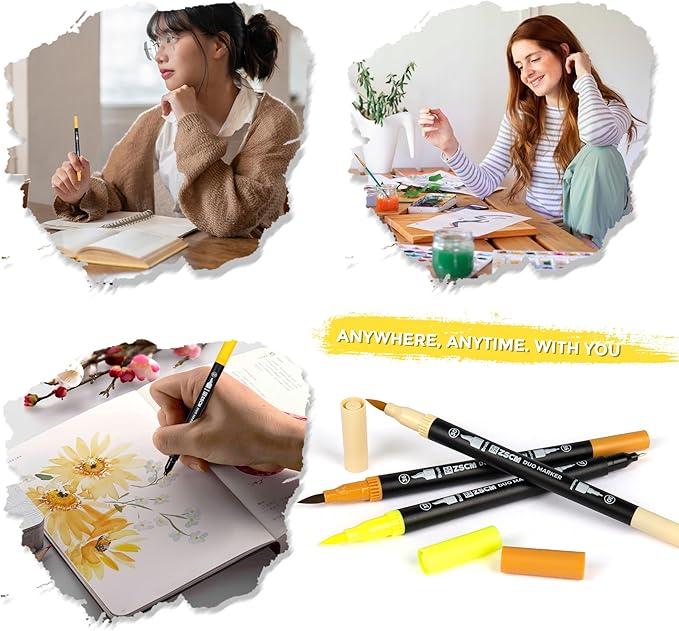 ZSCM Yellow Duo Tip Marker Pens, 12 Pack Fine & Brush Markers for Adult Coloring Books No Bleeding, Sunshine Yellow Markers for Summer Themes, Sunflower Art, Energetic Accents and Happy Doodles