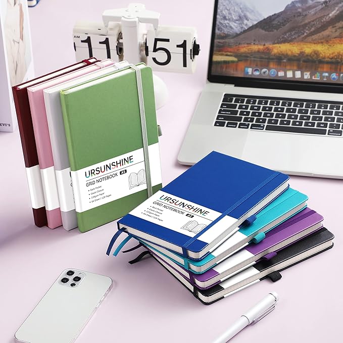 Graph Grid Paper Notebook/Journal - Classic Journal/Notebook with Ribbon Divider, Hardcover with Thick Paper, 5.3" x 8.26", Banded + Pen Holder +Inner Pocket - White