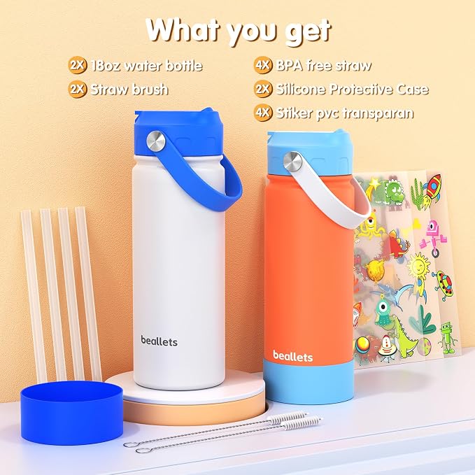 18oz Kids Insulated Water Bottle, 2 Pack Straw Cup | DIY Stickers, BPA-Free, 316 Stainless Steel, Silicone Boot, Keeps Cold 24h, Leak-proof, School, Sports