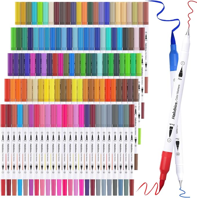 Halobios Dual Tip Art Markers - 120 Numbered Colors (Brush & Fine Point) Marker Pens, No Bleed Through for Adult Coloring Books, Drawing, Calligraphy, Hand Lettering & Journaling