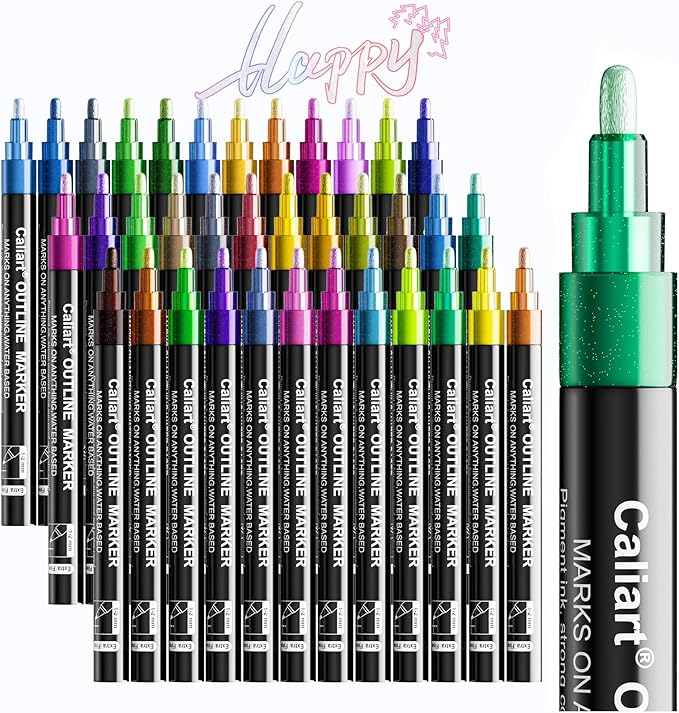 Caliart 36 Colors Outline Markers Shimmer Glitter Pens, Doodling Marker Set for Adults Artists, Cool Fun Craft Drawing Art Supplies