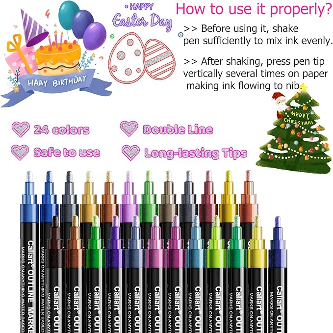Caliart 24 Colors Outline Markers Shimmer Glitter Pens, Doodling Marker Set for Adults Artists, Cool Fun Craft Drawing Art Supplies