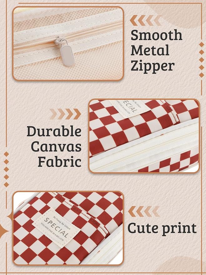 Bigmeta Gingham Expandable Pencil Case for Teens Girls - Caramel | Zipper Gusset for Adjustable Capacity, Checkered Cute Pencil Pouch, Stationery Bag Box for Student Back to School Gifts