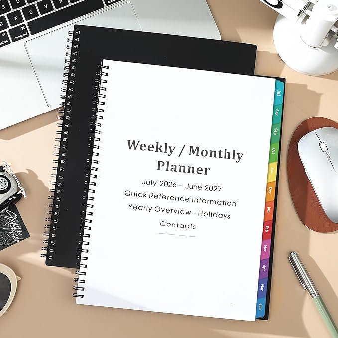 Academic Planner 2026-2027 - Planner Weekly and Monthly 2026-2027, Jul. 2026 - Jun. 2027 11'' x 9'', Planner 26-27 with Colorful Tabs, Premium Paper, Twin-wire Binding - Classic Black