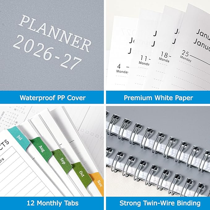 Planner 2026-2027 - Academic Planner from July 2026 - June 2027, 7.7" x 9.8", Calendar Planner 2026-2027, Weekly and Monthly Planner Spiral Bound, Flexible Cover, To-Do List, 12 Monthly Tabs