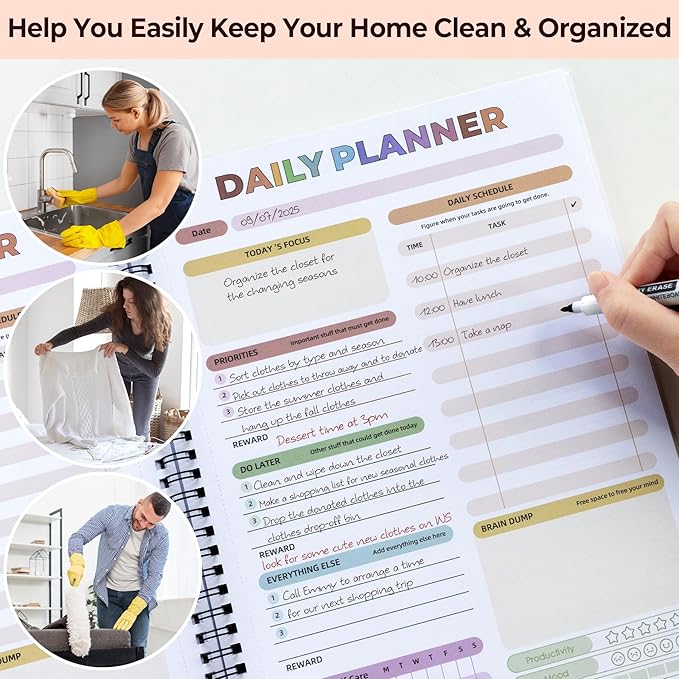 Adhd Cleaning Planner - Reusable Adhd Cleaning and Organizing Planner Dry Erase - 2026 Tidy Minds ADHD Cleaning Planners for Adults Women - Daily Weekly Monthly Household Schedule Planner & Checklist