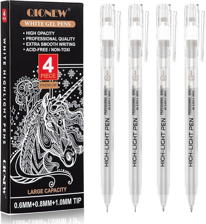 Qionew White Gel Pens,1.0mm,0.8mm,0.6mm Fine Point Assorted Tip, Opaque White Archival Ink Pen for Black Paper Drawing, Sketching, Illustration, Bullet Journaling,4-Pack
