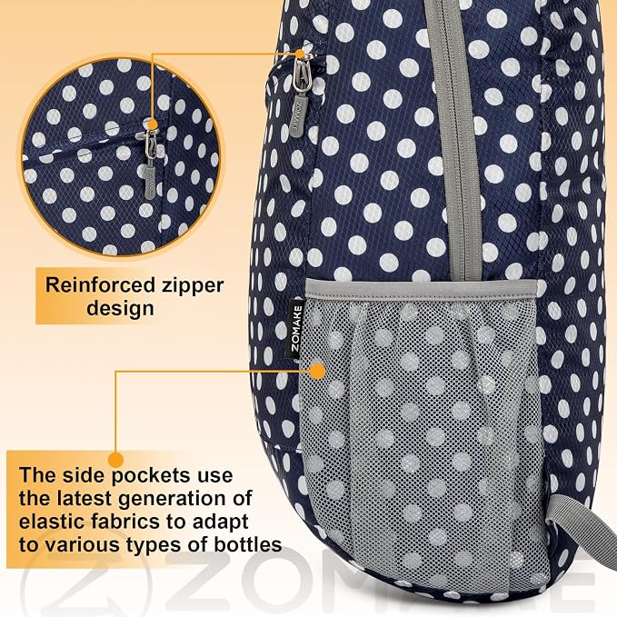 ZOMAKE Lightweight Packable Backpack 20L, Foldable Small Daypack for Hiking | Water Resistant Backpacks Day Bag for Travel Outdoor Camping Sport, Everyday Carry, Multiple Pockets(Blue, White Polka Dot)