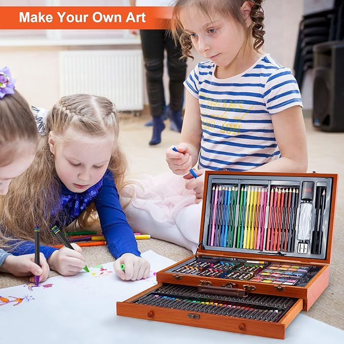 AGPTEK Art Set, 141-Piece Deluxe Art Supplies Kit with Crayons, Colored Pencils, Sketch Pencils, Paint Brushes, Sharpener, Eraser, Wooden Case & Drawing Pad
