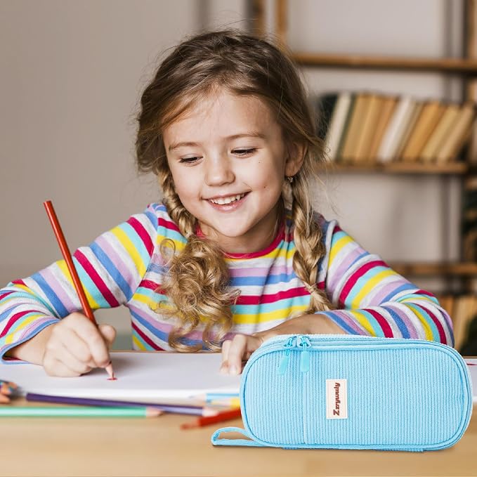 Zzrywuty Aesthetic Pencil Case, Large Capacity Soft Corduroy Pouch with Handle, Wide Opening Blue Cute Stationery Bag & Organizer for School Office, Teens Adults