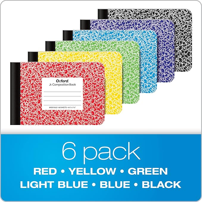 Oxford Composition Mini Notebooks, Cover Colors Vary, Wide Ruled Paper, 4-7/8 x 7-1/2 Inch School Journals, Assorted Color Covers, 80 Sheets per Book (63779), 6 Count (Pack of 4)