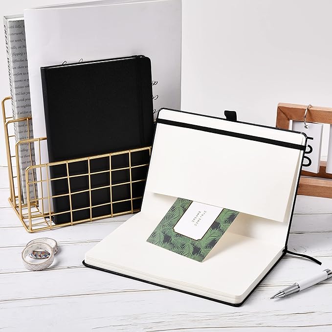 Dotted Journal/Notebook - Dot Grid Hard Cover Notebook, Premium Thick Paper with Fine Inner Pocket, Black Smooth Faux Leather, Pen Loop, 5.3''×8.26'' - Black