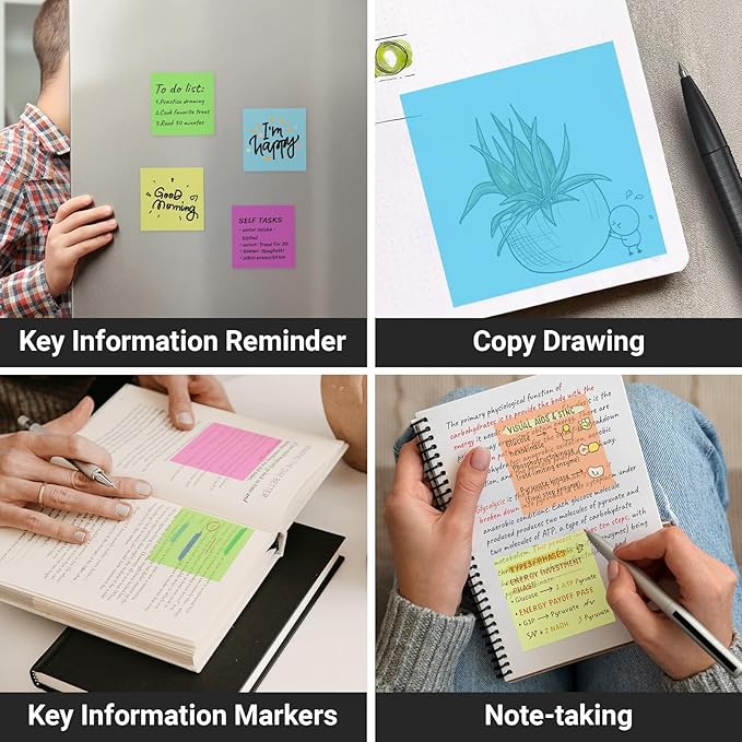 EUSOAR Transparent Sticky Notes, 300 Sheets 3x3 Inch Neon 6 Colors Planner Reminders Bible Sticky Notes Clear, Translucent Book Annotation Page Flags Stickers Nursing Note Pads for Home Work