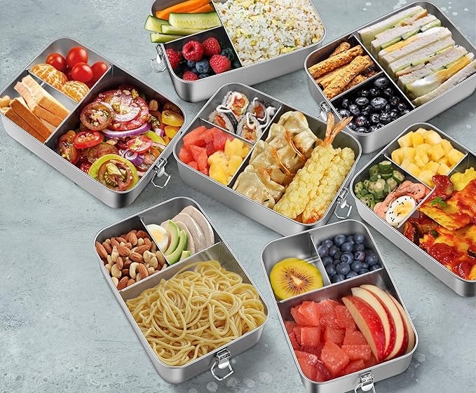 Leonyo 2 Pack 18/10 Stainless Steel Lunch Box for Adults 47oz, 1400ml Metal Bento Box with Removable Divider, 3 Compartments Snack Lunch Containers for Woman Man, Leak-Proof, Dishwasher Safe