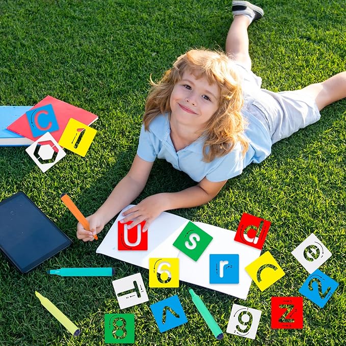 72 Pieces Preschool Letters and Numbers Alphabet Stencils Colorful Double Sided Tracing Board PET Paint Boards for Painting with 4 Pieces Craft Markers Marker Paint Pens Preschool Learning Toys
