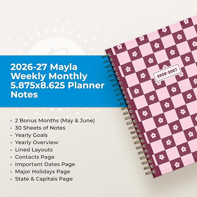 Blue Sky 2026-2027 Weekly and Monthly Academic Year Planner Calendar, July 2026 - June 2027, 5.875" x 8.625", Flexible Pocket Cover, Wirebound, Laminated Tabs, Includes Extra 30 Sheets of Notes, Mayla