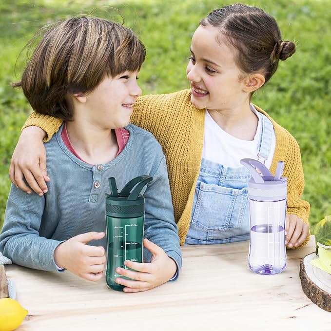 14oz Clear Kids Water Bottle with Straw Lid, BPA-Free Tritan, Measurement Scale, Sturdy Handle Wide Mouth Leak-proof Reusable Plastic Bottle for Boy& Girls, Back to School(Dark Green)