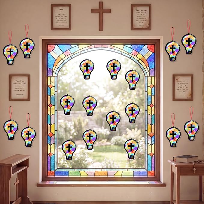 Renbuzhu 48PCS Sunday School VBS Crafts Bulk: Paper Lightbulb Cross Nativity Suncatchers, Jesus Religious Christian Activity DIY Kits Church Decorations, Window Stained Glass Effect Art Supplies