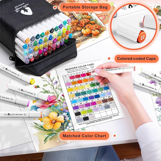 VigorFun Alcohol Markers Brush Tip, 52 Colors Dual Tip Brush & Chisel