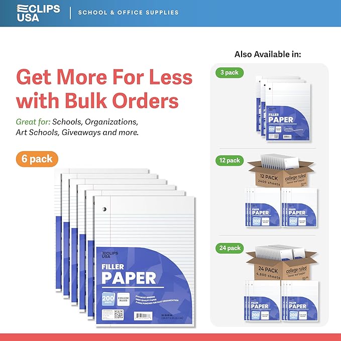 Loose Leaf Paper College Ruled Notebook Paper College Ruled Lined Writing Filler Paper 10.5” x 8” 1200 Sheets 200 Sheets Per Pack 60 gsm (6 Pack)