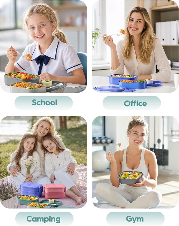BiuLeon Bento Box Adult Lunch Box, 65 Oz Capacity Lunch Containers(Adjustable 2/3 Tier), BPA-Free, Leak-Proof and Stackable Bento Lunch Box, Microwave & Dishwasher Safe with Utensils(Gray)