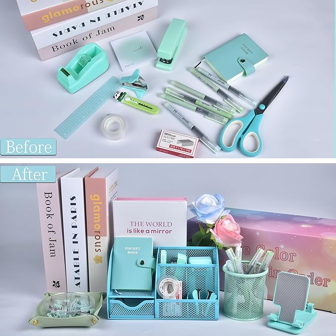 Green and Blue Desk Accessories, 26Pcs Office Supplies and Desk Organizers, with Tape Dispenser, Stapler, Staple Remover, Ect, Gift Box Packaging