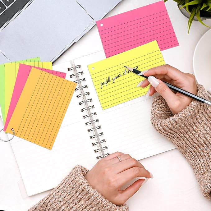 Yexiya 500 Pcs Index Cards with Rings Study Supplies Punched Lined Flash Cards with Holes Ruled Single Hole Notes and Metal Rings for Adults Office(4 x 6 Inch,Fresh Color)