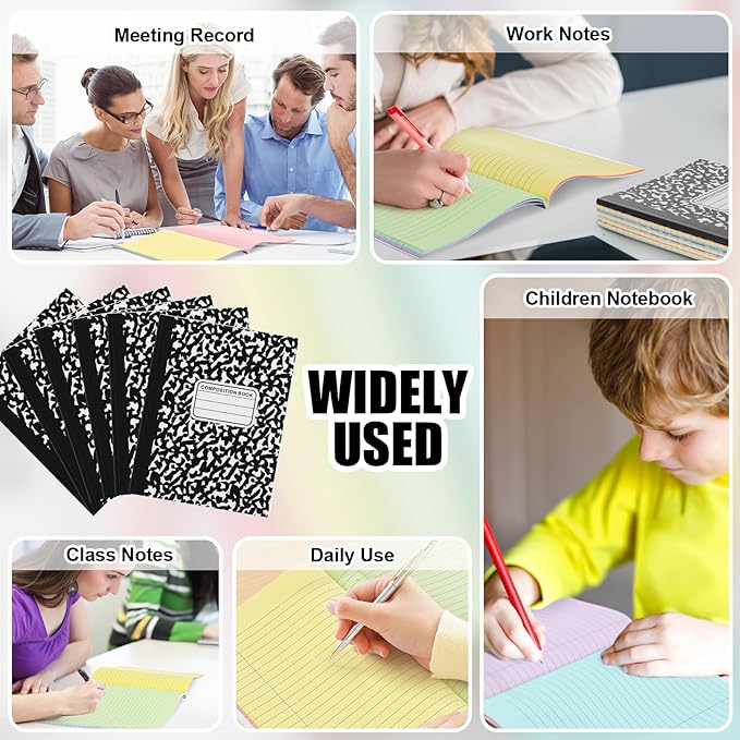 Henoyso 6 Pcs 120 Pages Colored Paper Notebooks 9.75" x 7.5" Bright Colors Lined Paper Notebook Wide Ruled Marble Notebooks Journals Bulk for Office School Supplies(Black Cover)
