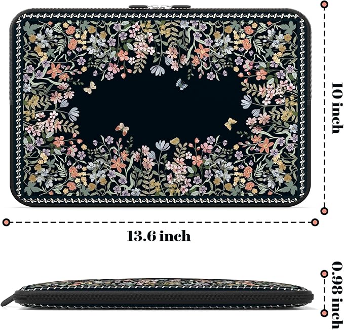 iCasso Laptop Sleeves 13 inch,Retro Laptop Carrying Case Black,13-13.6 inch Computer Sleeve Bag Compatible with MacBook Neo/Air/Pro 13-14 Sleeve, HP Dell ASUS Lenovo Chromebook Notebook,Flowers
