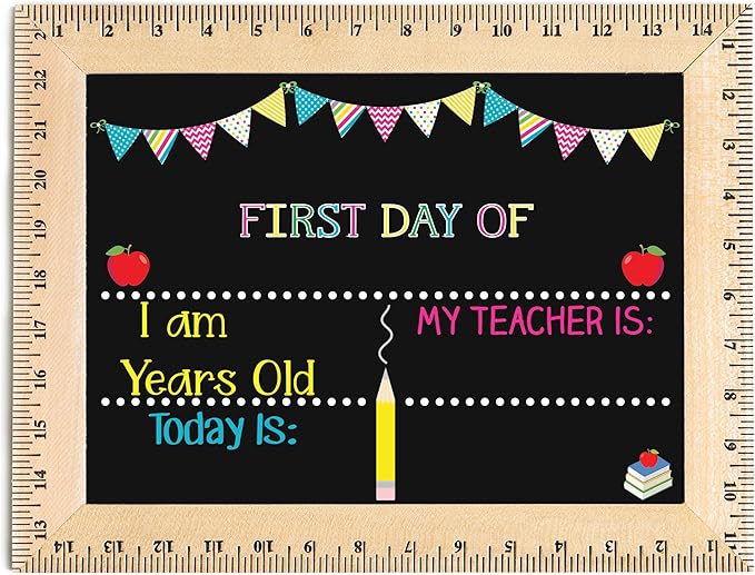 First Day of School Sign (11.5"x15"), Reusable Chalkboard, Easy to Clean with Real Wooden Ruler Frame, Perfect for Back to School, First Day of Kindergarten (Design 1- Pink)
