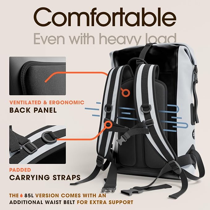 Waterproof Dry Bag Backpack 85L - Kayaking Boating Fishing Rafting Marine | Gray 85L dry bag: 500D PVC, abrasion resistant build, IPX8 phone case for river and lake trips