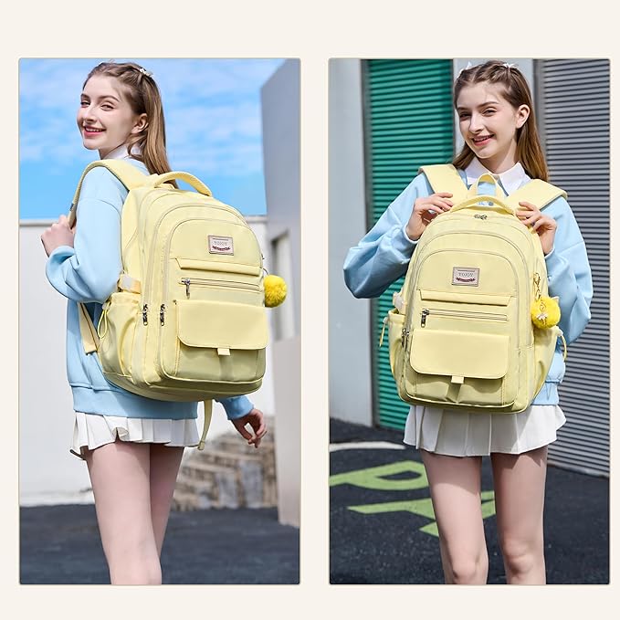 School Bag for Teens Girls,Girls Backpack,3 PCS Backpack for Girl, 15.6 Inch Laptop with Lunch Box Pencil Pouch Set (Yellow Set)