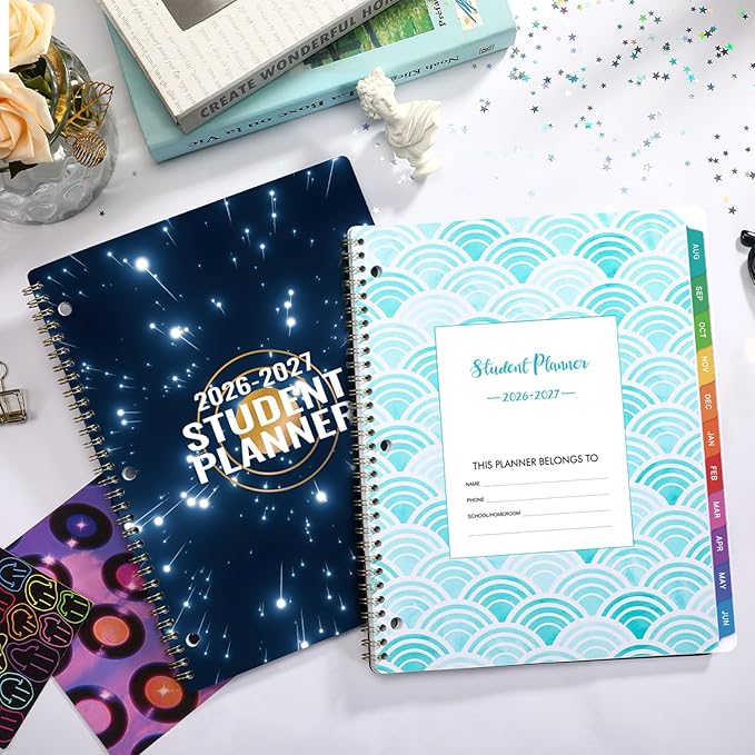 Student Planner 2026-2027 - August 2026 - June 2027, Weekly & Monthly planner for Students 11"x 8.3", Flexible Cover, Strong Golden Binding, Printed Tabs, with Stickers