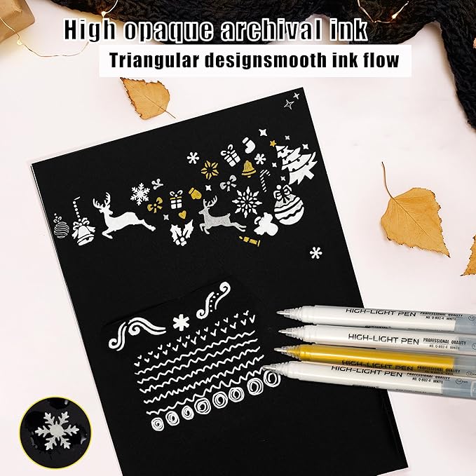 Qionew Gold Gel Pens, 1.0mm Gold Gel Ink Pen Set,Opaque Ink, Gel Pen for Artists, 4 Pack, for Black Paper Drawing, Bullet Journaling, Card Making, Art Highlight & Artists Drawing