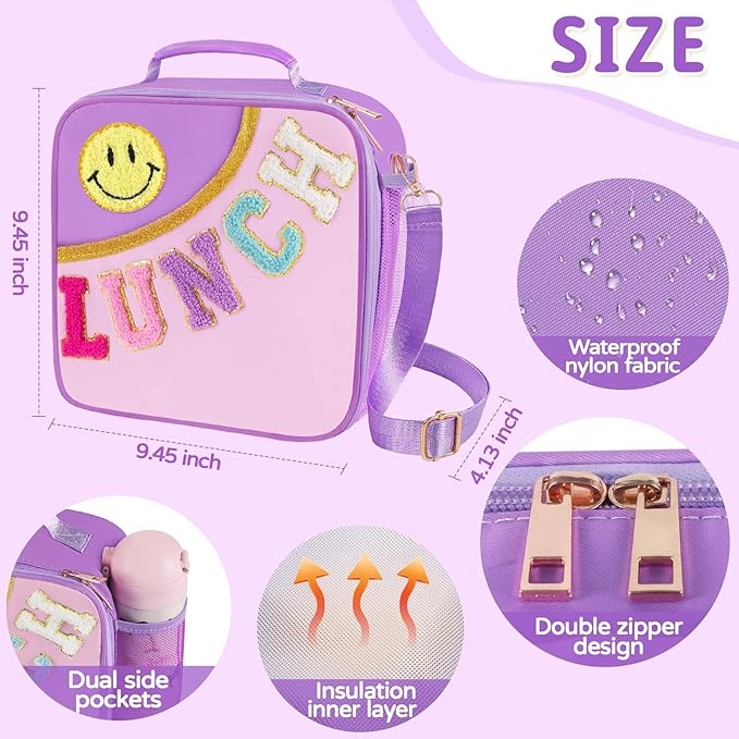 Nsrzua Lunch Bag Kids,Insulated Lunch Bag With Adjustable Shoulder Strap,Reusable Lunch Bag for Kids, Girls,Boys, lunch Bag Women,Preppy Lunch Box for School,Travel, Picnic (purple)