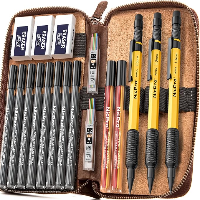 Nicpro 21PCS 1.3 mm Mechanical Pencil Set in Leathercase with 138 Lead | 3 Eraser, Eraser Refills- Weatherproof Metal Barrel, Heavy Duty Carpenter Pencil for Outdoor Marking Drawing Woodworking