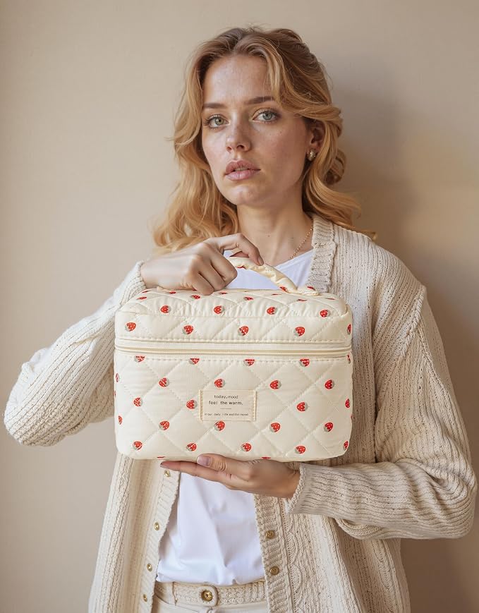 HBselect Quilted Makeup Bag, 3Pcs Cotton Large Travel Makeup Bags Organizer | Cute Floral Make up Bag Cosmetic Bag Toiletry Bag for Women Girls, Makeup Pouch for Skincare, Brushes & Travel Essentials
