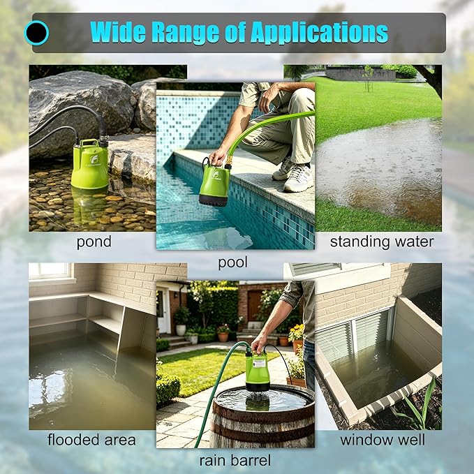 1/4HP Utility Pump 1900GPH Portable Submersible Sump Pump, Manual Control with 16.4 Ft Cord for Draining Water from Pool Pond Garden Hot Tub Basement Tankless Heater Liquids