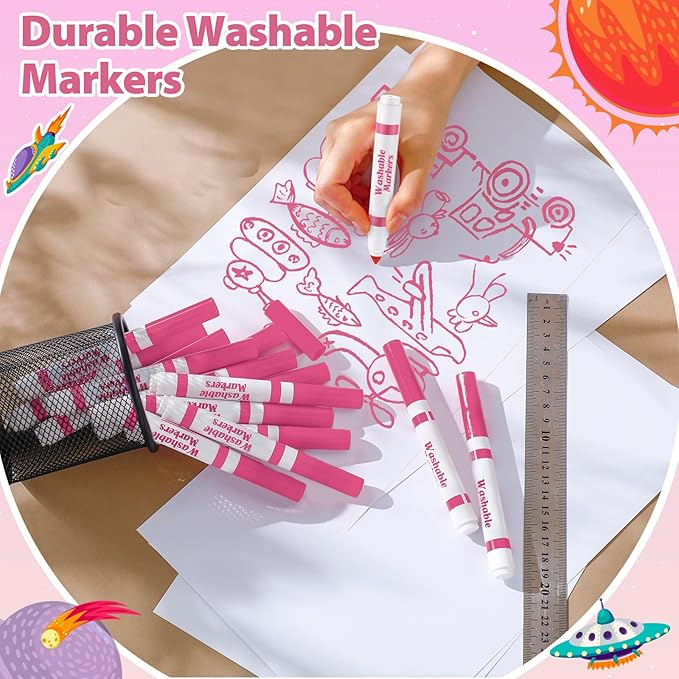 24 Pcs Washable Markers Bulk Broad Line Markers Coloring Conical Tip Large pens for Kids art projects, Teachers, Students, Toddlers, Party Favors, Classrooms, Donations(Light Pink)