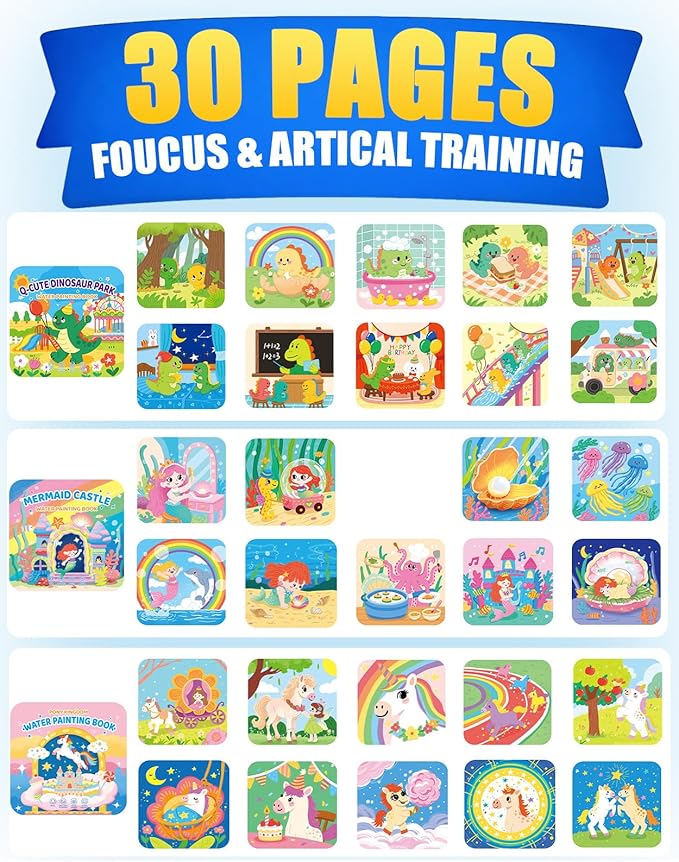 K'ONLE Reusable Water Coloring Books for Toddlers, Clean & Easy Painting & Doodle Book Toys for Kids Ages 1-3, 2-4 | Paint with Water Activity Book, Travel Gift for Boys & Girls-3 Pack