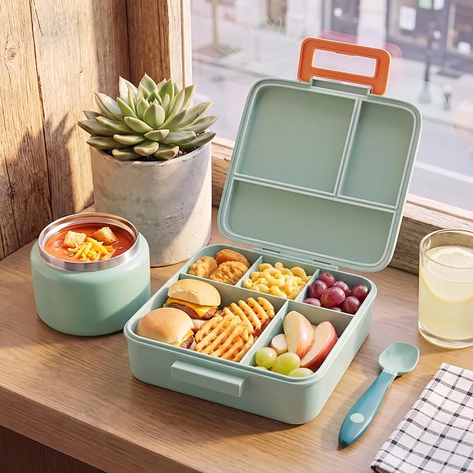 MAISON HUIS Bento Lunch Box with 8oz Soup Thermo, 5-Compartment Leak-Proof Container, Thermo Hot Food Jar and Insulated Lunch Bag, BPA Free,Travel, School (Light green)