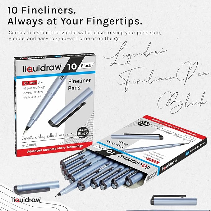 Liquidraw Black Colored Fineliner Pens, Fine 0.5mm Tip, Set of 10