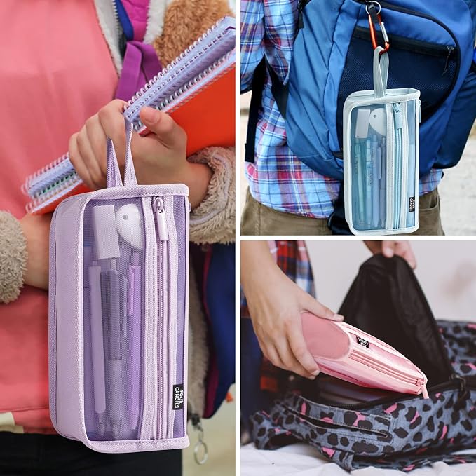 Four Candies Grid Mesh Pencil Case, Clear Double-layer with Handle (Black) | Smooth Zipper, Transparent Pencil Pouch, Cute Stationary, Makeup Bag, Travel Friendly, for Adult Office College