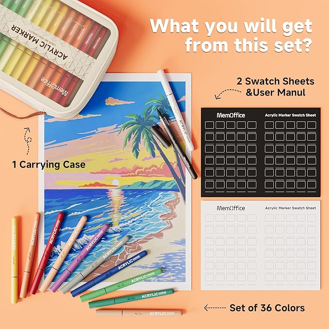 MemOffice Direct Liquid Acrylic Paint Markers, 36 Colors Brush Tip Pens with Carrying Case, No Bleed, Waterproof, for Rock, Wood, Canvas, Glass, Fabric, DIY Crafts for Adults