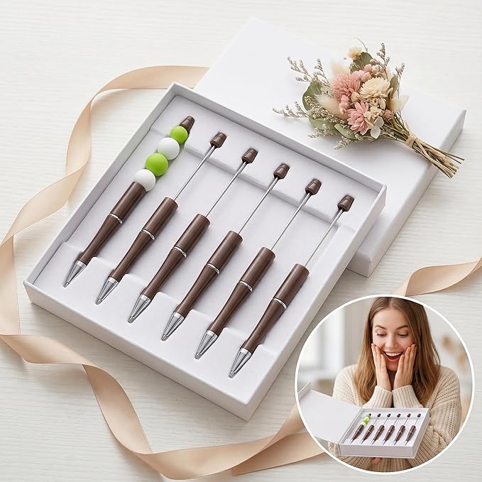jiebor 30Pcs Beadable Pens Plastic Bead Ballpoint DIY Cute Cool Pens Black Ink for Women Men Bridal Graduation Gift Office Supplies Dark Brown