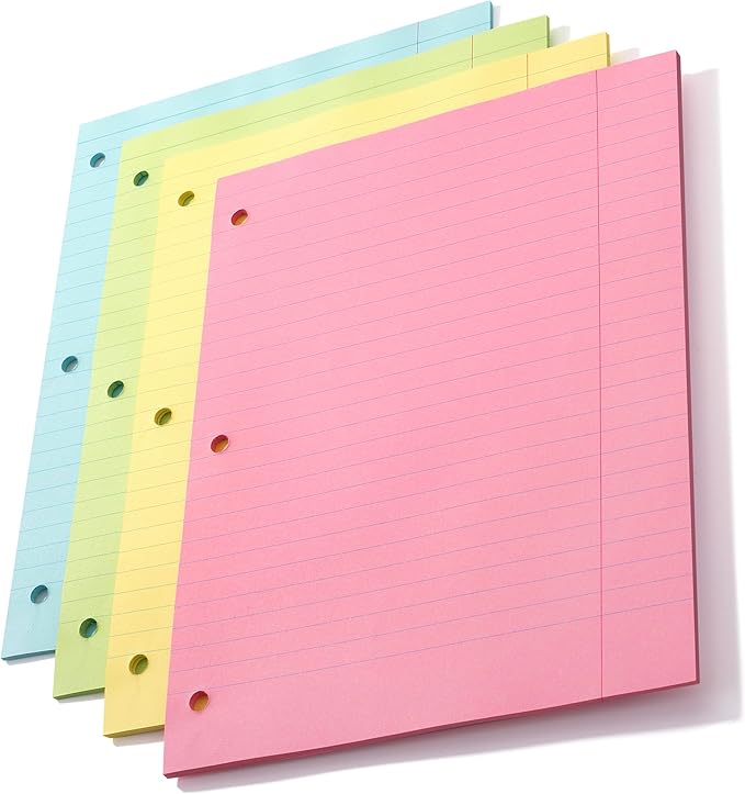 Mr. Pen- Colored Loose Leaf Paper Wide Ruled, 100 Sheets, 8” x 10.5”, 3- Hole Punched, Notebook Paper