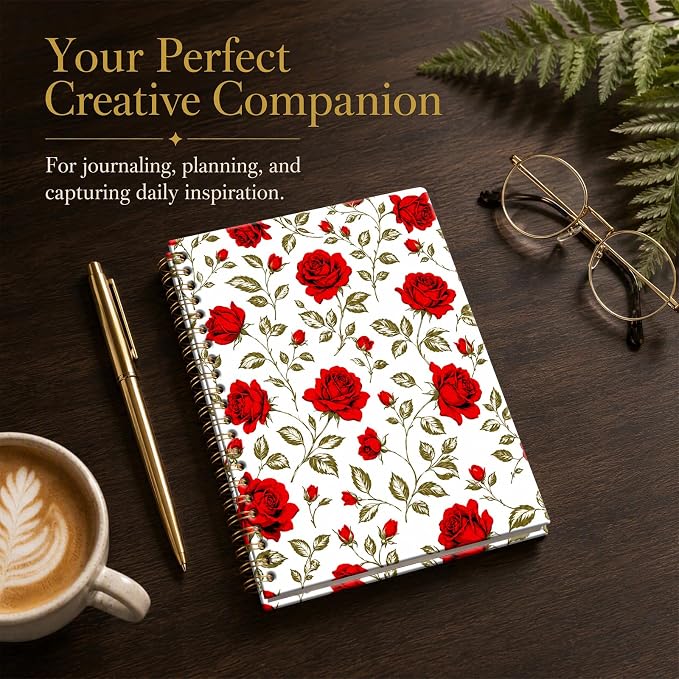 ATJFKIXL Cute Spiral Journal Notebook, A5 120 Page College Ruled Wirebound Notebook, Soft Cover for Students Office Notes and Planning - Red Rose Floral