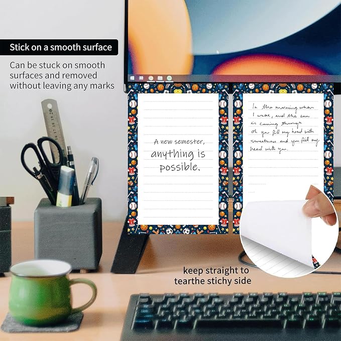 2 Pack Lined Sticky Notes 4x6 in, Cute Self-Stick Notepads with Lines, Large Memo Pads Strong Adhesive for Office, Home Funny Sport Design
