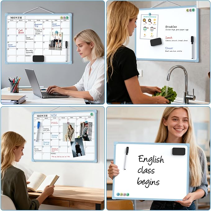 MaxGear Monthly Calendar Dry Erase Board for Wall, 16"x12" Small Hanging Double-Sided White Board, Portable Whiteboard for Planning, Drawing, Memo, to Do List, School, Home, Office, Blue Frame