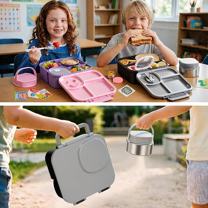 wiwens Kids Bento Lunch Box with Soup Thermo Food Lunch Container for Kid | 4 Compartment Leak-Proof Kids Lunch Box,9oz Stainless Steel Insulated Hot Food Jar,for Boys Girls Toddler to School Travel